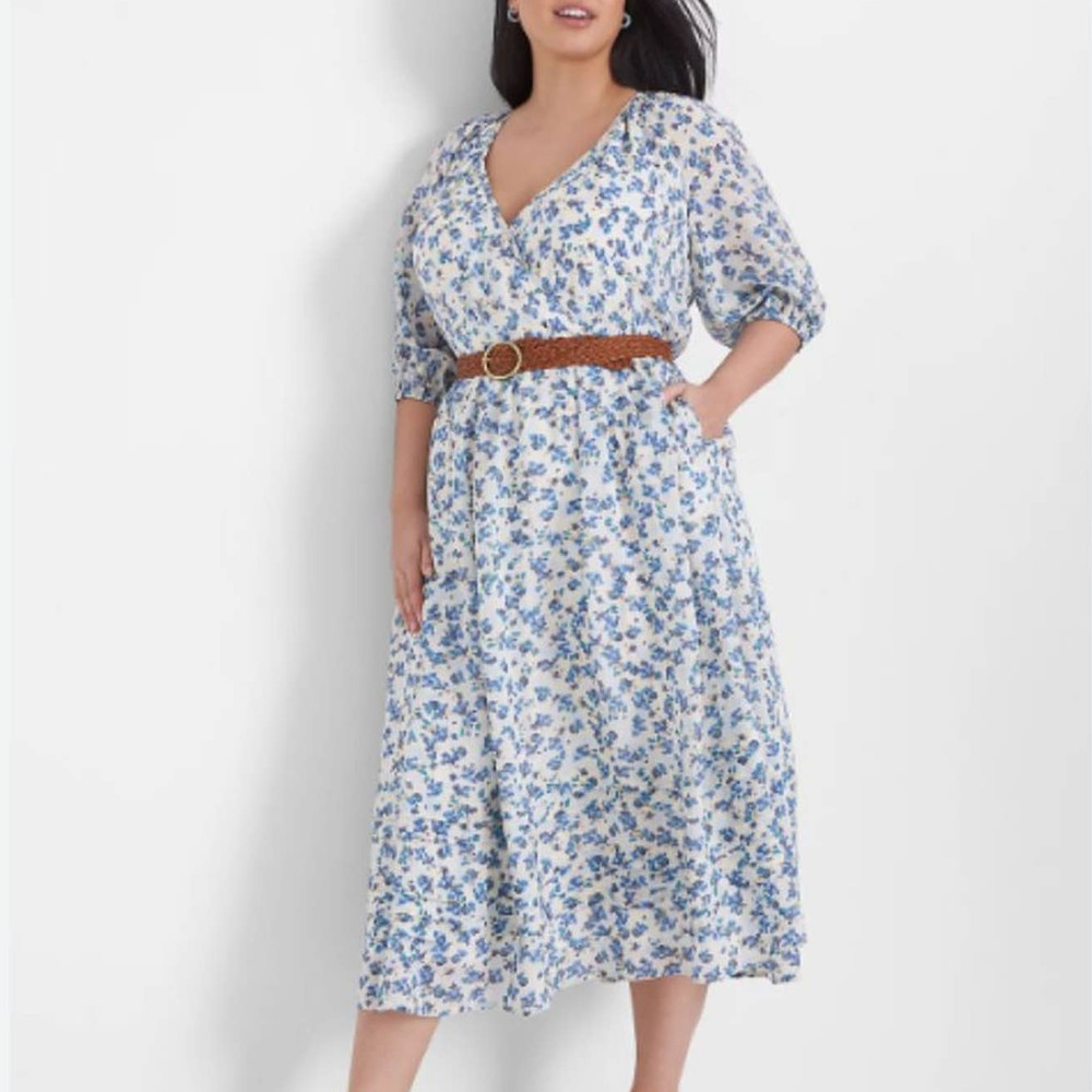 Lane Bryant Floral Print Puff-Sleeve Tuck-Detail Midi Dress Womens Size 14